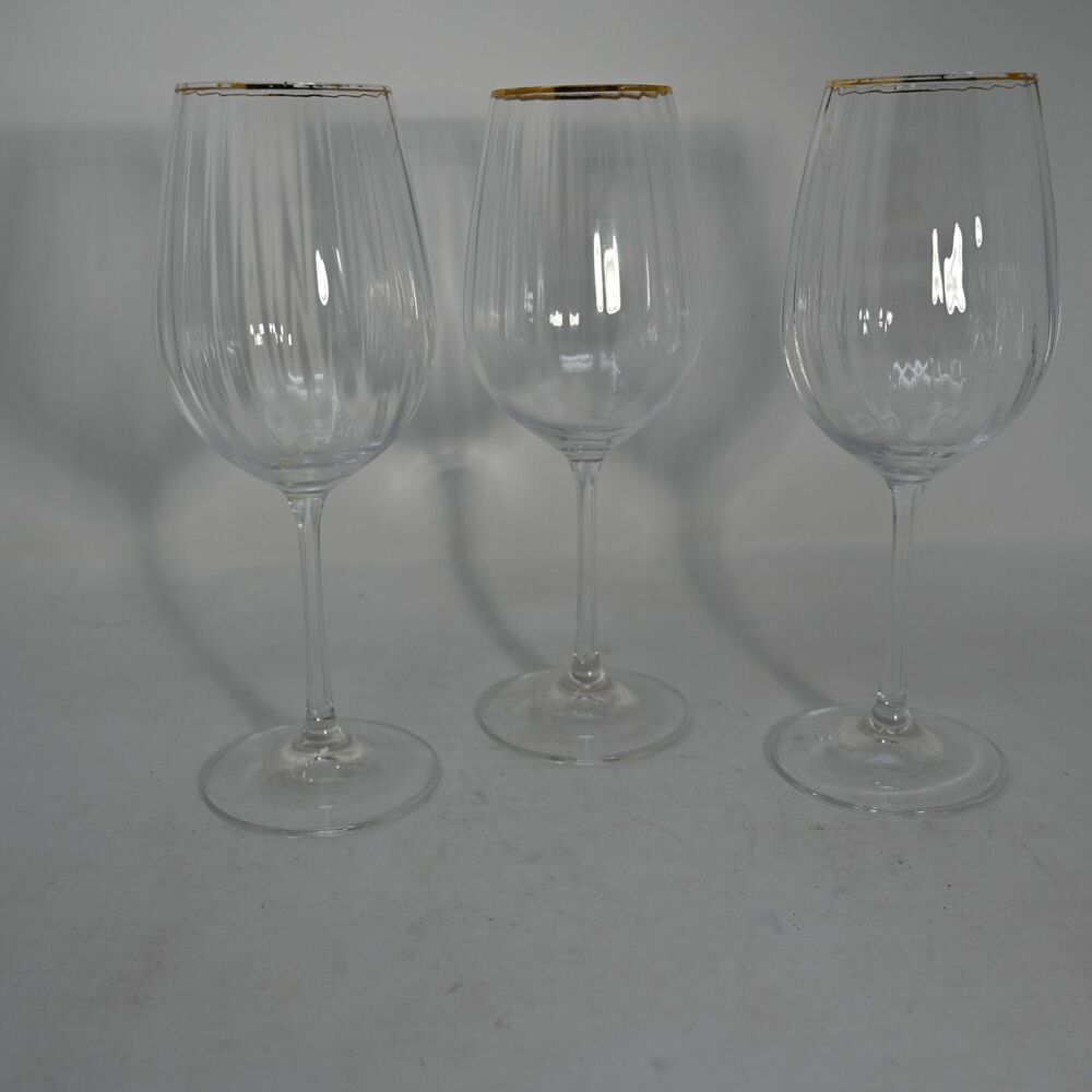 Set of 3 La Redoute Interieurs Lurik Gold Rim Ribbed Wine Glasses 9"